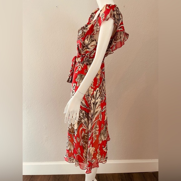 Diane Von Furstenberg Red Floral Silk Tie Waist Dress Size 6 - Picture 4 of 7